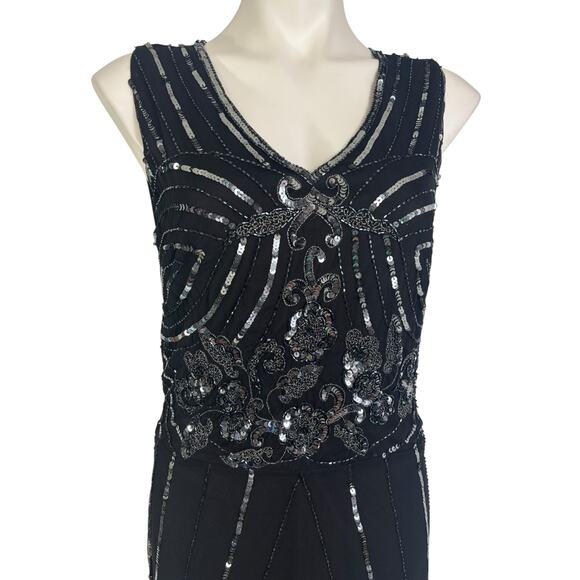 Black Sequin Illusion Sheer Maxi Dress Size Large Glam Great Gatsby Art Deco - Picture 3 of 11
